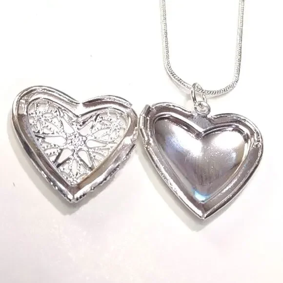 925 Silver Necklace Heart Locket Star Lattice Pattern Valentines Birthday Gift